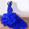 Sexy Royal Blue Mermaid Prom Dresses Deep V Neck Sequins Lace Appliques Bottom Ruffles Sweep Train Evening Gowns Organza Beads Party Dress