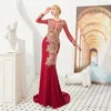 Elegante rosso con abiti da sera ricamati in oro Sirena a maniche lunghe trasparenti Sexy Illusion Back Abiti da ballo lunghi da ballo Robe de Soiree