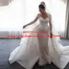 Sheer Long Sleeves Mermaid Wedding Dresses Overskirts Lace Appliqued Bridal Dress Detachable Train Wedding Gowns Button Back Robe de mariée