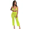 Été femmes deux pièces pantalons évider tricoté voir à travers 2 pièces tenues licou Bandeau haut Long pantalon Bikini couvrir