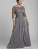 2020 Plus Size Grey Mãe dos vestidos de noiva 3/4 mangas compridas Applique e chiffon mães formal vestidos de noite longo elegante