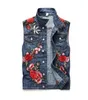 Mens Punk Denim Vests Black Skull Embroidery Denim Waistcoat Slim Fit Fashion Jeans Sleeveless Jacket Male Vest Tops Asian Size242J