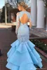 Sky Blue Mermaid Evening Dresses Lace Long Sleeve Caftan Ruffles Hollow Prom Gowns Plus Size Special Occasion Formal Party Dress