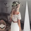 Summer Boho Two Pieces Wedding Dresses Boat Neck Short Sleeve Lace Bohemian Beach Wedding Dresses Floor Length Chiffon Button Back Bridal