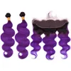 Ombre Purple Brazilian Human Hair Body Wave Wavy 2Bundles with Frontal 3Pcs Lot #1B/Purple Ombre Lace Frontal Closure 13x4 with Bundles