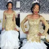 2019 Royal Mermaid Bridal платье красочные полноту рукава оборманы белый и золотой кружевной органзы длинные свадебные платья на заказ множественный прозрачный