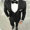 Wysokiej jakości jeden przycisk Black Groom Tuxedos Peak Lapel Męskie Garnitury 3 Sztuk Wedding / Prom / Dinner Blazer (Kurtka + Spodnie + Kamizelka + Krawat) W609