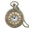 Retro Vintage Carving Roman Number Case Bronze Quartz Pocket Watch Steampunk Analog Display Clock Necklace Chain reloj de bolsillo