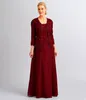 Bourgogne Elegant Mother of the Bride Dresses with Lace Jacket Suits Pärlade av axeldragare Back Plus Size Evening Clows HY5024