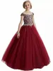 New Cheap Burgundy Red Teal Princess Girls Pageant Dresses Scoop Neck Crystal Beads Ball Gown Kids Party Birthday Gowns Flower Girls Dresses