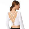 Yoga top maglietta a maniche lunghe crop sexy cinghie a croce donne sport fitness palestra in nylon t-shirt1