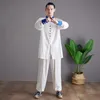 Erkek Rahat Gömlek Çin Tarzı Tang Takım Elbise Setleri Uzun Kollu Pantolon Tai Chi Giyim Erkek Gevşek Standı Yaka Gömlek Spor Pantolon