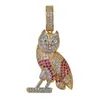 Collier pendentif hibou de la mode pavée entièrement zircone en pierre colorée Charmes animaux hiphop bijoux pour hommes cuivre2403791