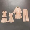 Бренд 5pcs Женщины сексуальные нижние белья шелк -атласный пижама, набор для кружевного кружева пижам