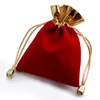 Rood en Gouden Velvetien Gift Tas voor Sieraden Pakket Fluwelen Stof Trekkoord Pouch Verschillende Size Groothandel 100 stuks