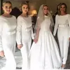 2019 White Pants Jumpsuit Bridesmaid Dresses Pant Suits Bateau Neck Long Sleeve Outfit Evening Gowns With Bow Waistband Wedding Guest Dress