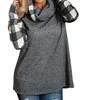 Fashion- Hoodie Mulheres Manga Longa Turtleneck Tartan Túnica Suéter Pullover Tops Outono Moletom Com Capuz