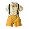 Barnens Casual Clothing Set Summer Plaid Kids Boys Outfits Fashion Checkered Bow Slips + Suspender Shorts 2pcs Passar C6415