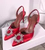 [Originallåda] Nyankomst Dam Kristall Höga klackar 100MM Amina Muaddi Slingbacks Fårskinn Summer Breathe Spänne Strap Skor 35-42