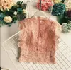 Mulheres Doce Lace Crop Top Sem Mangas O Pescoço Blusa Transparente Feminino Hollow out short elegante camisas blusas1