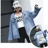 [EWQ] 2019 Vår Höst Ny Produkt Patch Turn-down Collar Vintage Hole Loose Coat Ladies Clothing Women Denim Jacket Top QH194