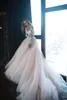 Rosa pálido mangas compridas rendas uma linha vestidos de casamento fora do ombro tule applique trem varredura vestidos de noiva robe de mariee334n