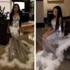 Sexig Sparkly Silver Sequined White Feather Mermaid Evening Dresses Wear Sequins Sweetheart Sheer Sweep Train Party Dress Formal Prom Crows