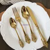 Vintage Western Gold Plated Cutlery Dining Knives Forks Teaspoons Set Golden Luxury Dinnerware Engraving Tableware1883220