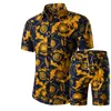 ファッションメンシャツショーツセット夏のカジュアルプリントハワイアンシャツhomme短い男性印刷ドレススーツセットプラスサイズ298Q