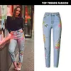 Damenjeans Frauen Birdie Flower Vorder- und Rückseite bestickt Harajuku hohe Taille gerade unregelmäßig getragen