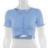 Schowl Ruffle Sleeve Crop Top Kobiety Tshirts Letni Przycisk Zielony Blue Tight Clothing Rib-Knitted Plain Sexy T-shirt