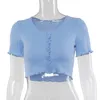 Stretchy Ruffle Sleeve Crop Top Women Tshirts Summer Button Green Blue Tight Clothing Rib-knitted Plain Sexy T-shirt