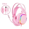 Färgglada LED Gaming Hörlurar USB 7.1 Girl Pink Noise Cancelling Stereo Headset för PC Dator Laptop Telefon Spel 3,5 mm Mic hörlurar