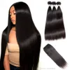 Rak hårbuntar med spetsavslutning Brasilianska Virgin Hair Weave 3bundles med stängning 100% Remy Human Hair Factory Partihandel