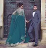 Bescheiden Lange Formele Arabische Moslim Avondjurken Champagne Kant Applicaties Teal Tulle Custom Made Prom Feestjurken met Cape