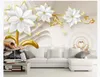 Anpassad 3D Silk Photo Murals Wallpaper HD 3d Luxury Golden Jewels Flowers Präglade TV Bakgrund Väggmålning Dekoration