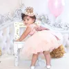 Carino Blush Pink Flower Girls Tutu Abiti con grande fiocco di paillettes Tulle Puffy Little Girls Ball Gowns per la festa nuziale MC0641