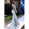 South African Plus Size Evening Dresses Deep V Neck Satin Illusion Long Sleeves Mermaid Prom Dress Long Backless Party Gowns Women Wear