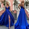 Sexy Spaghetti Deep V Neck Prom Dress Long Halter Royal Blue Satin Open Back High Side Split Formal Party Cheap Evening Gowns