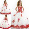 2019 Bonito Branco e Vermelho Girl's Pageant Vestidos de Alta Qualidade Tule Applique Piso-Comprimento Longo Especial Ocasião Vestido Flor Meninas Vestido