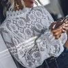 Lace Crochet Hollow Out White Women Shirts Ruffles Long Sleeve Transparent Stand Collar Ladies Blouses 2019 Elegant Fashion Tops