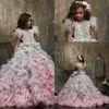 Dreamly A Line Flower Girl Sukienki Klejnot Krótki Rękaw Koronki Aplikacja Feather Cekiny Wielopiętrowy Korowód Dress Długość Długość Dziewczyna Część urodzinowa