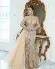 Champagne Lace Aso Ebi Mermaid Prom Dresses Sexy Illusion Neck Buttons Lange Mouw Back Formal Accident Party Jurken TuLle Overskirts avondjurk gewaden AL5524