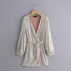 Femmes robes argent paillettes femme Sexy col en v profond Sequin Mini robe moulante automne hiver à manches longues robe de soirée pour dames