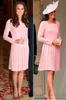Kate Middleton Dress Pink Elastic Satin Short Formal Evening Dresses With Long Sleeves Knee Length Square Arabic Celebrity Dress Robe Gowns
