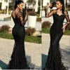New African Black Prom Jewel Neck Illusion Lace Appliques Beads Flowers Backless Mermaid Sweep Train Evening Dresses Party Gowns