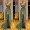 Vintage Matcha Glitter Green Long Prom Dresses High Side Split Sekretny Spaghetti Party Suknie Vestidos de Fiesta de Noche Dress