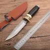 Hochwertiges Outdoor-Survival-Jagdmesser, Drop-Point-Klinge aus Kohlenstoffstahl, Ebenholzgriff, feststehende Messer mit Lederscheide