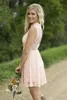 2019 blozen roze korte kant bruidsmeisje jurken een lijn hoge hals mouwloze plus size land western bruiloft gastenfeest formele slijtage