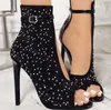 Мода черный алмаз горный хрусталь сандалии лодыжки летние вереток на высоком каблуке летних сандалии